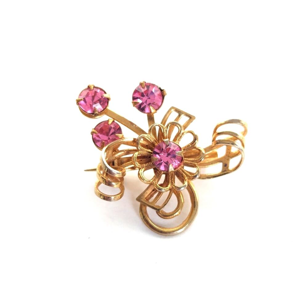 Vintage Estate Gold Tone Prong Set Pink Rhinestone Floral Bow Burst Brooch - Picture 1 of 3